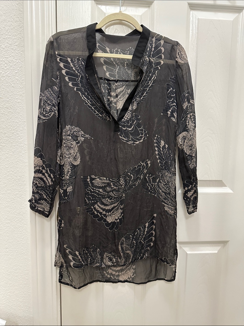 Sheer Black Floral Print Tunic shirt 100% silk